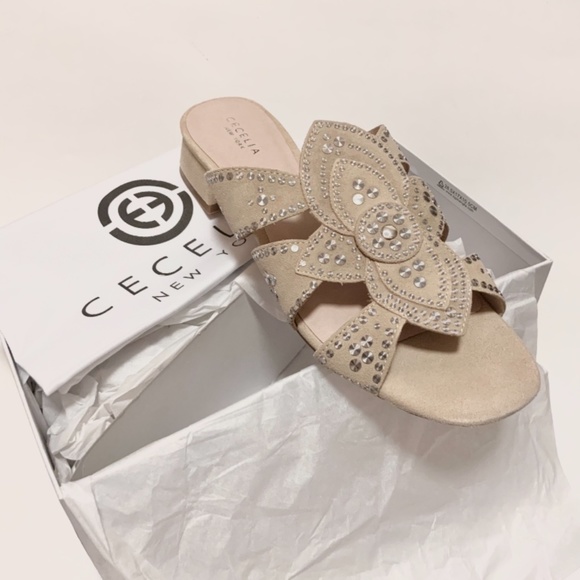 Cecelia New York Martini Micro Stud Sandal Bone Beige Suede Mule Block Heel 10 - Picture 7 of 9